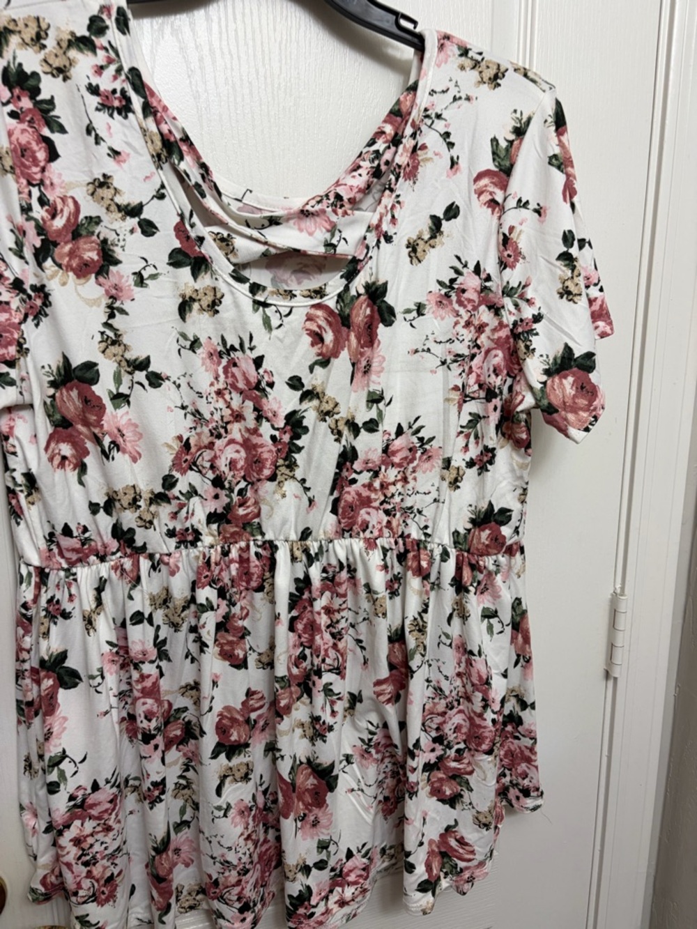 Floral Cutout Neck Babydoll Top - White with Pink Roses